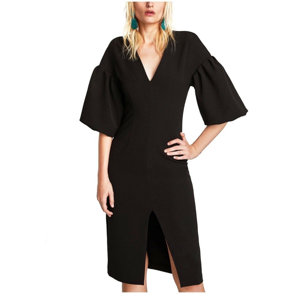 Zara Black Midi Shift Dress Bell Sleeves Small